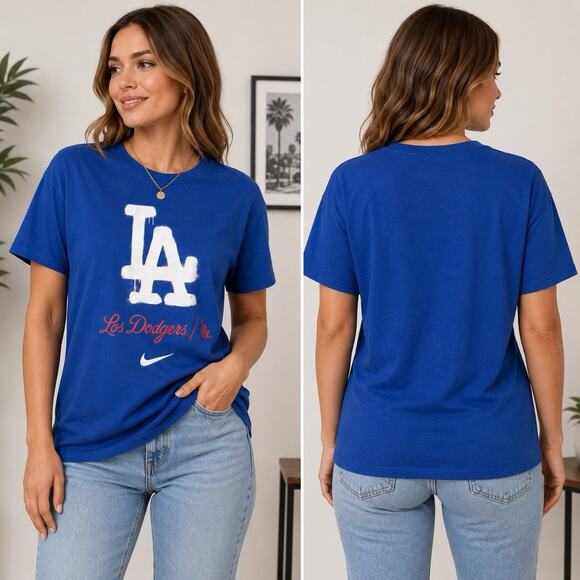 Nike Tops - Nike LA Dodgers Blue White Spray Paint Logo T Shirt Women’s Medium Oversized NWT
